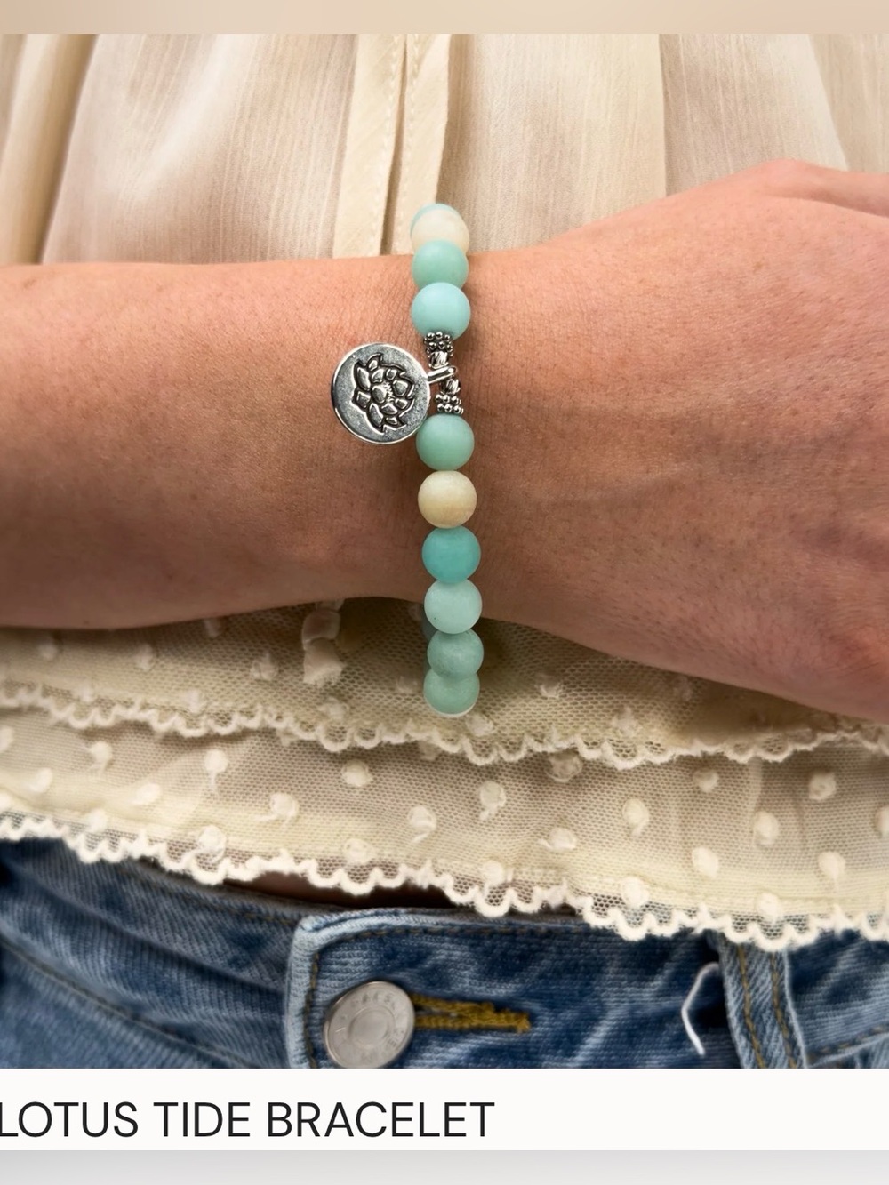 Lotus Tide Bracelet in Aqua & Cream with Silver Lotus Charm